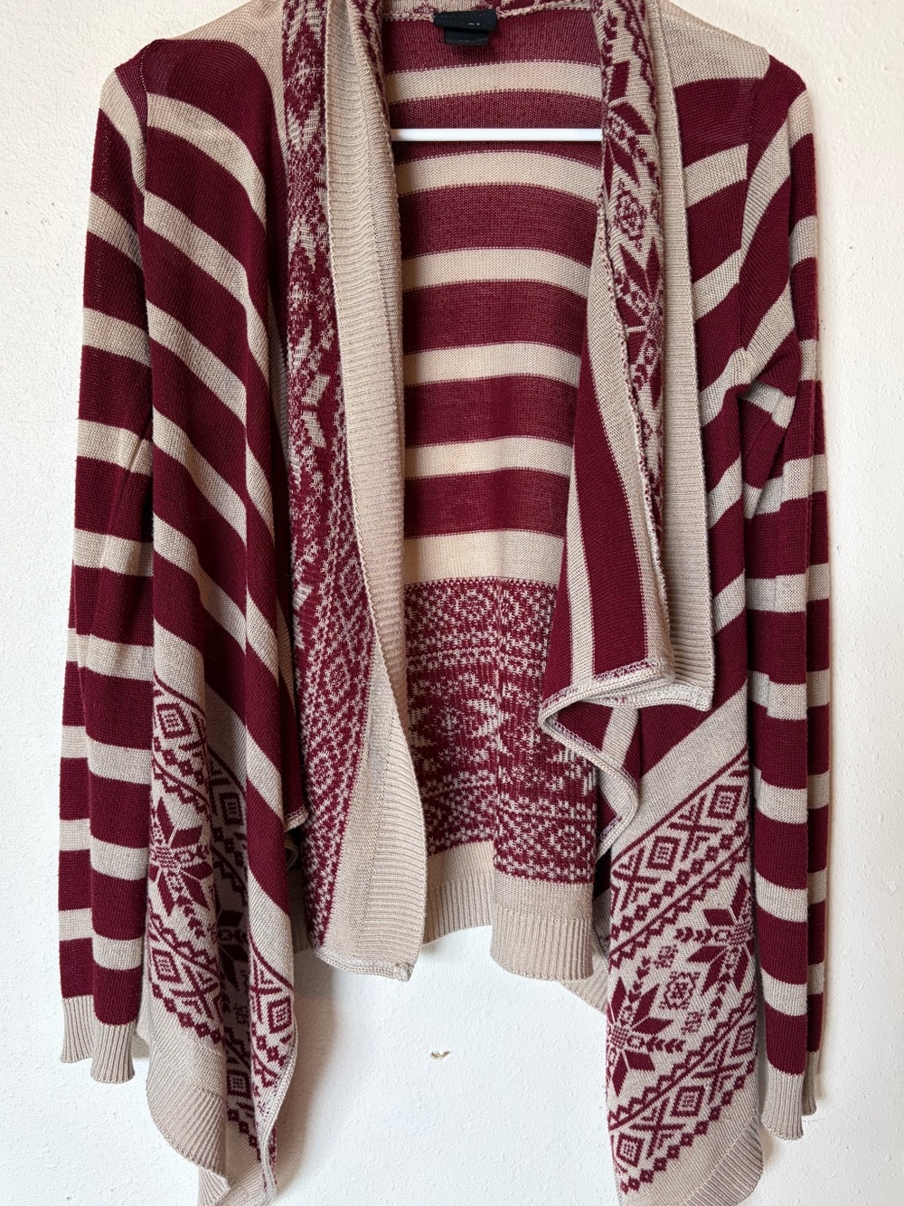 Rue21 Fair Isle Snowflake Waterfall Cardigan Sweater Burgundy Beige M